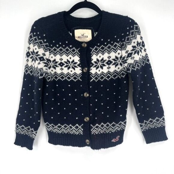 Y2K Hollister Women’s Fair Isle Nordic Navy Blue White Cardigan Size S Wool Blen - Picture 1 of 10